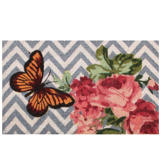 Michaels, Gray Chevron & Butterfly Floral Doormat – Category: Doormats